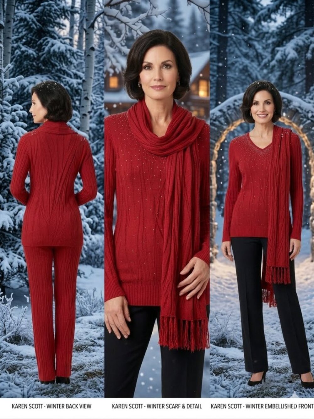 Karen Scott Red Rhinestone V-Neck Sweater Scarf Set L